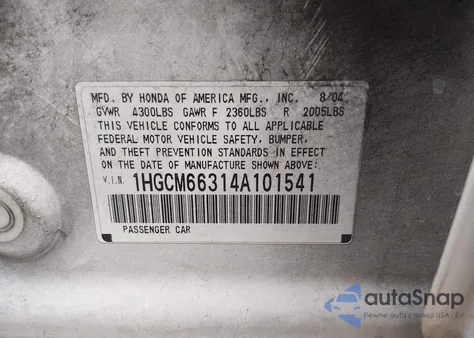 2004 Honda Accord 3.0 Lx z USA, uszkodzony, nr VIN 1HGCM66314A101541